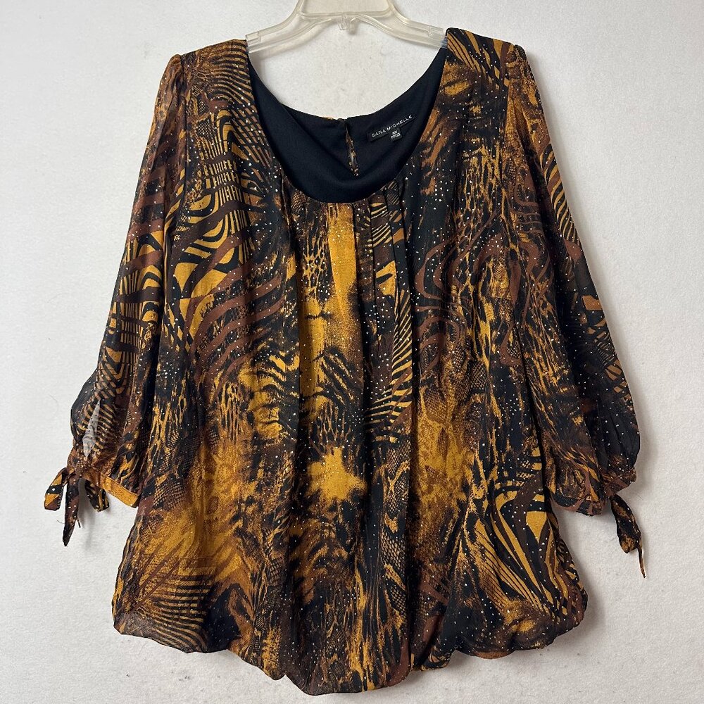Sara Michelle Blouse sz 2X animal print embellished bling bubble hem brown‎